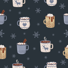 Vector seamless pattern with hot drinks in flat design. Hot chocolate, coffee, cocoa with whipped cream and marshmallow. Autumn and winter holidays