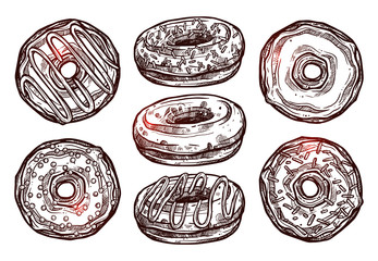 Set Of Donuts In Sketch Style. Collection Of Hand Drawn Dessert