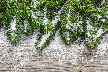 Christmas fir tree and snow on wooden background