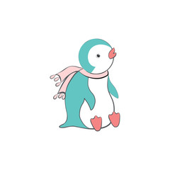 Cute cartoon penguin with pink scarf, Antarctic bird, animal vector funny illustration isolated on white backdrop, decorative colorful mammal for character design, mascot, zoo alphabet, baby shower