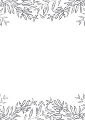 Page template with hand drawn sketch olives and tree branches for packaging design, retro style, monochrome vector illustration.