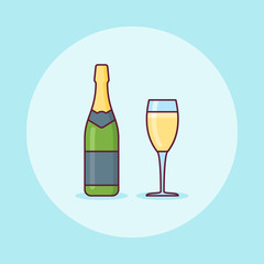 Bottle and glass of champagne flat line icon. Vector illustration.