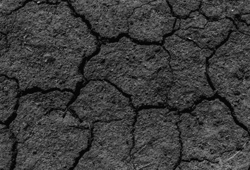 Black cracked surface of grey soil texture background, dark dried and chopped gray earth, old fissure dark ground, close-up, erosion