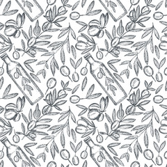 Obraz premium Hand drawn olives vector illustration, seamless pattern