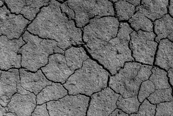 Black cracked surface of grey soil texture background, dark dried and chopped gray earth, old fissure dark ground, close-up, erosion