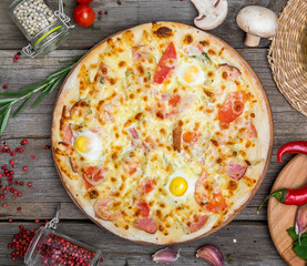 Pizza with tomatoes, mozzarella cheese. Delicious italian pizza