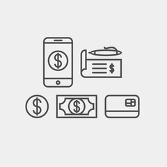 Payment method flat vector icons set. Mobile, phone, money, cheque, dollar, coin, banking card flat vector icons