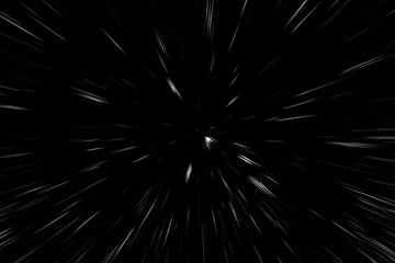 Obraz premium Bokeh white lines on black background, abstraction, abstract speed light motion blur texture, particle or space traveling, black and white extrusion effect