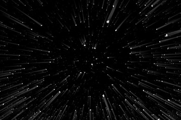 Obraz premium Bokeh white lines and spots on black background, abstraction, abstract speed light motion blur texture, particle or space traveling, black and white extrusion effect, illustration