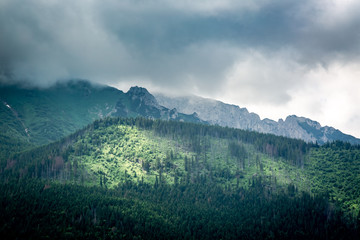 Illuminated green valley and Cloudy Tatra Mountains, Slovakia