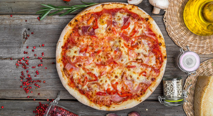 Pizza with tomatoes, mozzarella cheese. Delicious italian pizza