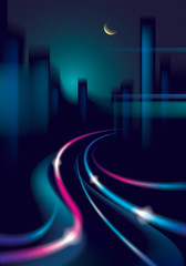 Traffic shiny lines of the night city road. Effect vector beautiful background. Blur colorful dark background with cityscape, buildings silhouettes skyline.