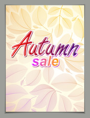 Autumn leaves vertical background, nature fall template for design banner, ticket, leaflet, card, poster with red and yellow floral elements. Sale, advertising poster, brochure or flyer design.
