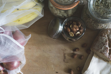 Flat lay  of zero waste containers, reusable for storage or shopping