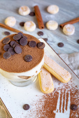 Close up view of beautiful elegant sweet dessert, tiramisu, served on the plate. Beautiful decoration, restaurant dish, ready to eat. Tea time, cozy atmosphere.