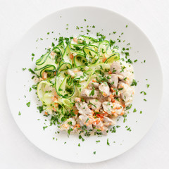 turkey stew with onion, carrot, white wine, and sour cream garnished with vegetable pasta