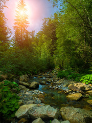 Fototapeta premium Mountain waterfall with blue, clear water. Summer background
