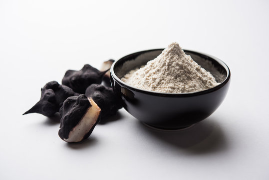 cooked Water chestnut with flour or powder, also known as singada/singara or shingada peeth, selective focus