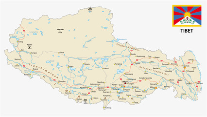 Tibet region with important cities and roads vector map and flag