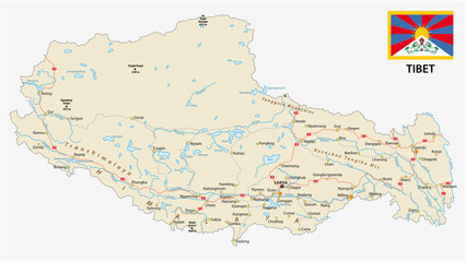 Obraz premium Tibet region with important cities and roads vector map and flag