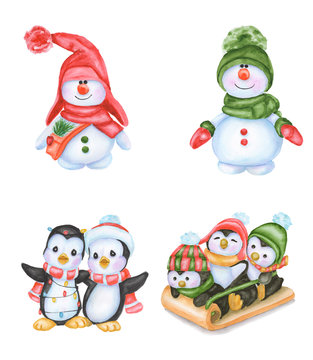 Watercolor Christmas set of snowmen and penguins in a hat and gloves. Illustration isolated on white background. Can be used for greeting New Year postcard, holiday stickers.
