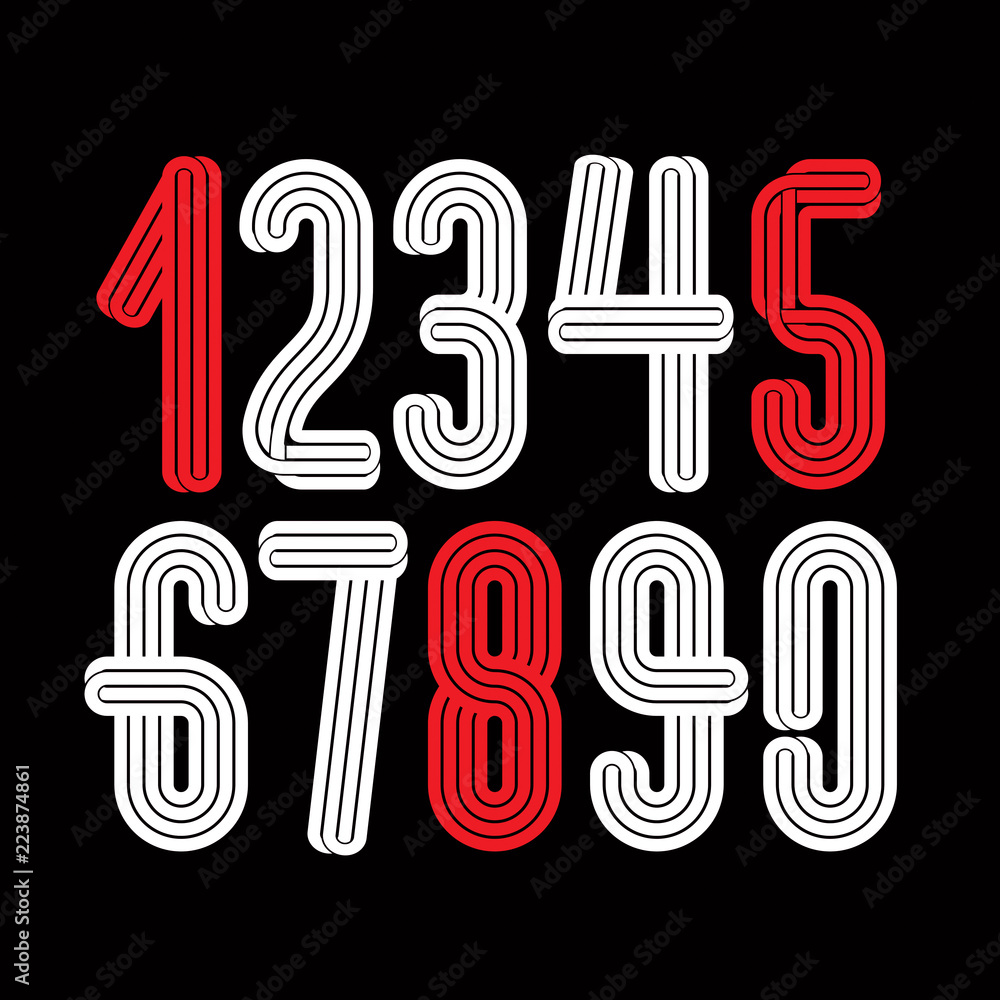 Poster set of vector funky regular numbers from 0 to 9 made with triple stripes, best for use in logotype d