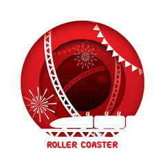 Roller coaster with paper cut style. Vector illustration of carnival funfair theme