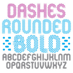 Vector elegant upper case English alphabet letters collection. Rounded bold retro type font, script from a to z best for use in logotype design. Created using dashes, parallel lines.