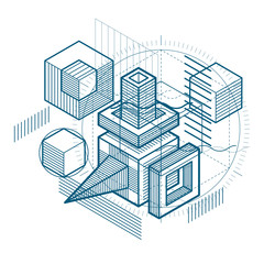 Isometric abstract background with lines and other different elements, vector abstract template. Composition of cubes, hexagons, squares, rectangles and different abstract elements.