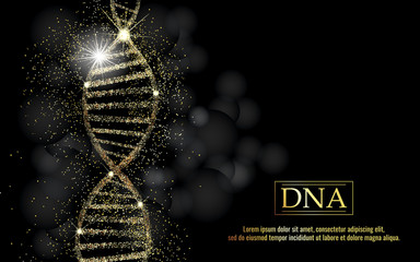DNA sequence, DNA code structure with gold glow. Science concept background. Nano technology. Vector illustration, black background with space for text - 223875225