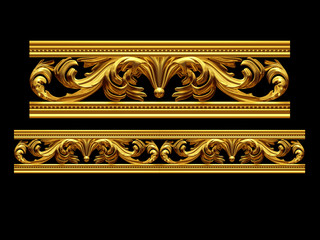 golden, ornamental segment, “rock", straight version for frieze, frame or border. 3d illustration, separated on black