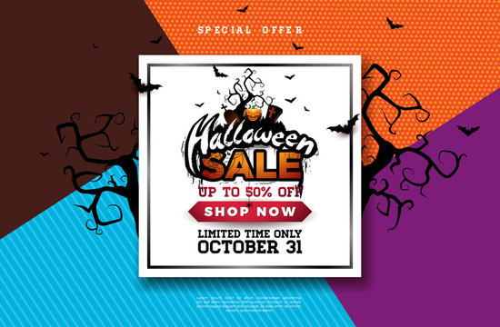 Halloween Sale banner illustration with pumpkin, spider, cemetery and flying bats on abstract colorful background. Vector Holiday design template with typography lettering for offer, coupon