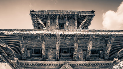 Kathmandu,Nepal, May 2, 2018 - .The roof with erotic carvings of Jagannath temple on Durbar square...
