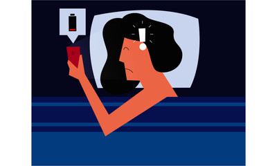Vector Illustration of a sad girl in bed looking into her phone with discharged battery. Weak Battery Concept
