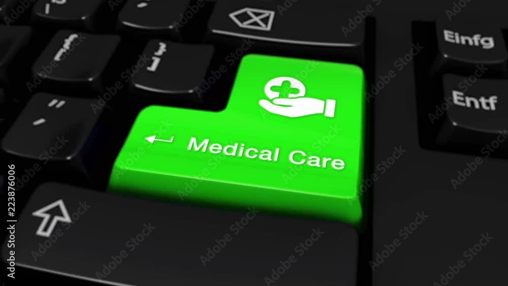 Poster 27. medical care round motion on green enter button on modern computer keyboard with text and icon l