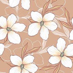 Elegance seamless pattern with white flowers on brown