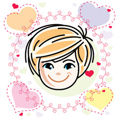 Cute girls face, human head. Vector blonde character, smiling girl face features.