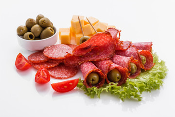 delicious sliced salami on a white background