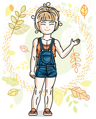 Sweet little blonde girl standing on background of autumn landscape and wearing stylish casual clothes. Vector kid illustration.