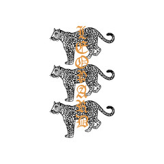 Leopard slogan. Trio of leopards. Typography graphic print, fashion drawing for t-shirts. Vector stickers,print, patches vintage