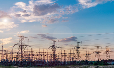 distribution electric substation with power lines and transformers
