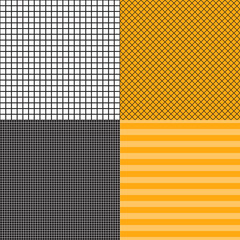 Set of striped and grid cells seamless patterns. Orange with yellow and black colors. Vector Banner background templates.