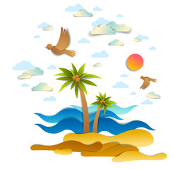 Fototapeta na wymiar Beautiful seascape with sea waves, beach and palms, birds clouds and sun in the sky, vector illustration in paper cut style, seashore summer beach holidays theme.