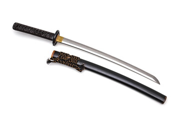 Brown leather cord tie on grip Japanese sword steel fitting and black  scabbard on white background.