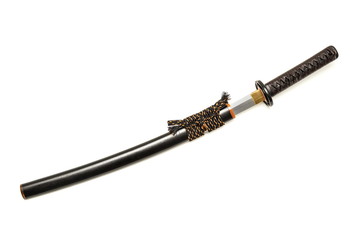 Brown leather cord tie on grip Japanese sword steel fitting and black  scabbard on white background.