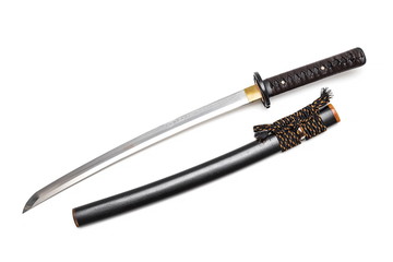 Brown leather cord tie on grip Japanese sword steel fitting and black  scabbard on white background.