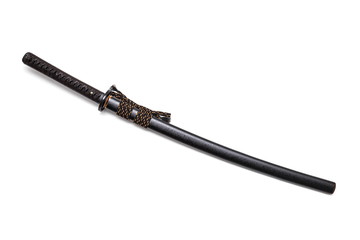 Brown leather cord tie on grip  Japanese sword and black scabbard with steel fitting isolated in white background.