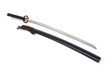 Brown leather cord tie on grip Japanese sword steel fitting and black  scabbard on white background.