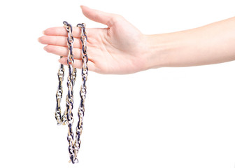Jewelery bijouterie chain in hand on white background isolation