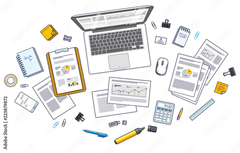 Poster office employee or entrepreneur work desk workplace with pc notebook and analytics papers with graph